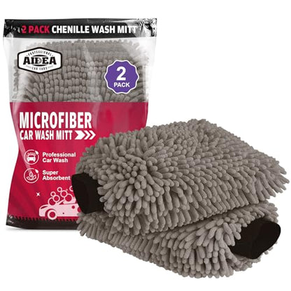 AIDEA Car Wash Mitt Microfiber, 2PK, Car Wash Brush, Grey, 8''X12'' | Scratch Free Lint Free Premium Chenille Microfiber Mitt, Cleaning Supplies, Extra Large Size - color: Grey, size: 2PK-8''X12''