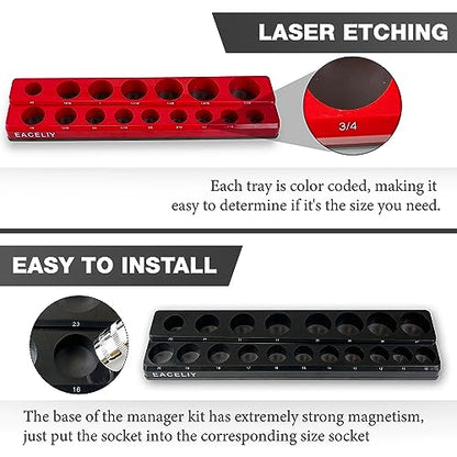 EACELIY Magnetic Socket Organizer Set,SAE & Metric Socket Holder Kit,，Tools tray， holds 35 Deep and Shallow 1/2" Sockets, attaches to steel box/tool cart (sockets not included) 丨2PC 1/2" - size: 2PCS 1/2inch