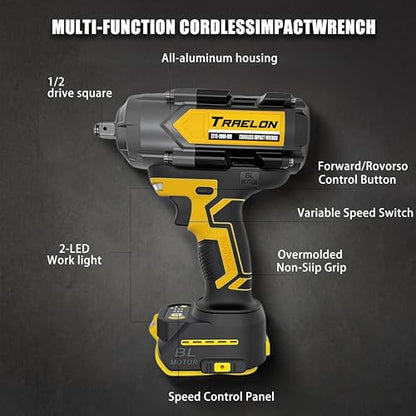 1/2" Cordless Impact Wrench, 1200N·m Brushless, Bare Tool | 900Ft-lbs, 4-Speed Dual LED, Works with Dewalt 20V Battery, All-Metal Gearbox - style: 1/2 for Dewalt Battery