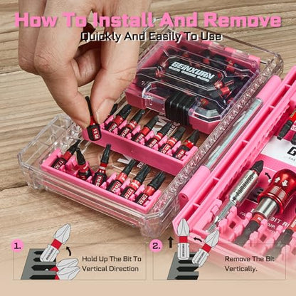 Geinxurn 56Pieces Impact Screwdriver Bits Set, Magnetic S2 Steel Phillips/Slotted/Square/Torx Insert Power Bits Tips, Impact Bit Holder with Pink Storage Box Case - style: STKB056B-PK