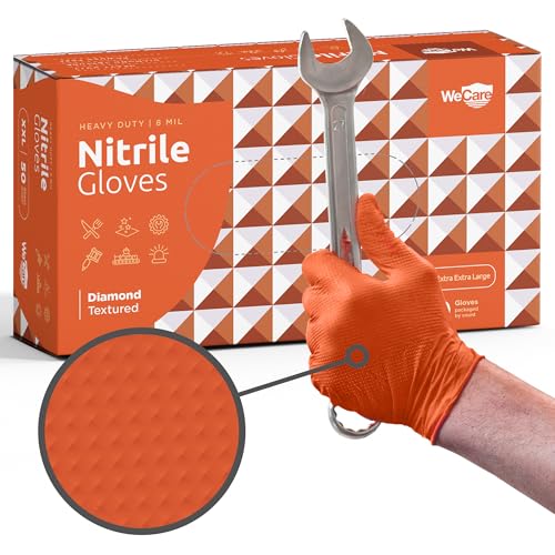WECARE 8 Mil Nitrile Gloves - Heavy Duty Mechanic Gloves, with Diamond Grip - Powder and Latex Free Disposable Gloves - color: Orange, size: XX-Large