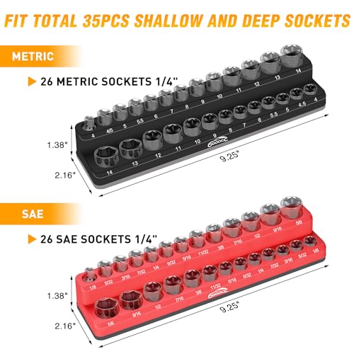 GOOACC 1/4" Magnetic Socket Organizer, 2 Pieces Socket Holder Metric SAE Socket Tray, 1/4 inch Socket Organizer Tray Holds 52 Standard Sockets for Tool Box Drawer - size: 2PCS 1/4" SAE & Metric Red Black