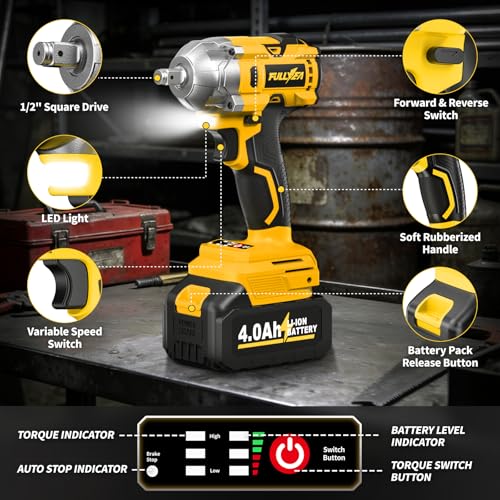 FULLYEA 1/2 inch Cordless Impact Wrench, 406Ft-lbs (550N.m) Brushless Impact Driver, 2x4000mAh Battery, 21V High Torque Power Impact Gun, Variable Speeds Electric Impact Wrench for Car/Mower/Pickup