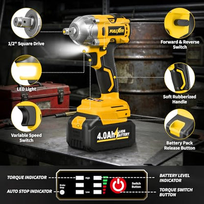 FULLYEA 1/2 inch Cordless Impact Wrench, 406Ft-lbs (550N.m) Brushless Impact Driver, 2x4000mAh Battery, 21V High Torque Power Impact Gun, Variable Speeds Electric Impact Wrench for Car/Mower/Pickup