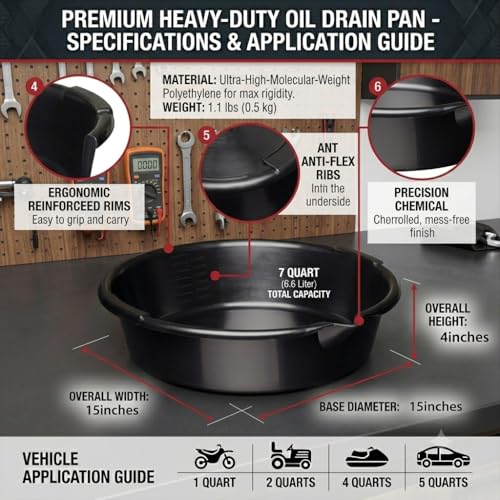 Oil Drain Pan 7-Quart Waste Automotive Fluid Change Container with Built-in Scale, Leak-Proof Spout and Splash Guard for Easy Car Maintenance