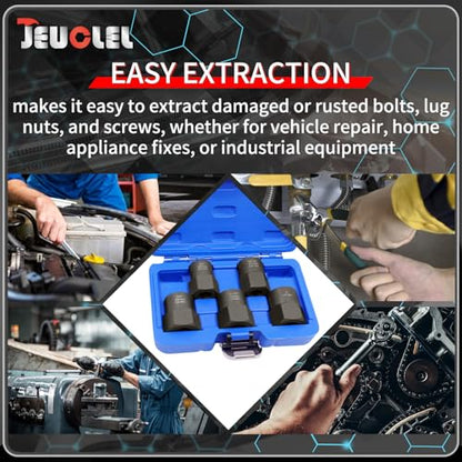 5PCS Heavy Duty Bolt Extractor Set, 1/2" Drive Easy Out Bolt Extractor Set, Nut Extractor Set Broken Bolt Extractor Kit for Removing Stripped Lug Nuts, Rounded off Nuts, Bolts, Studs