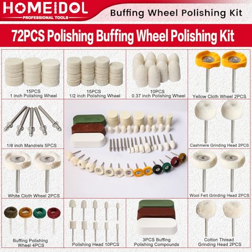 72 PCS Buffing Wheel Polishing Kit Compatible with Dremel, with Polish Compound, Rotary Tool Accessories with 1/8" Shank, Abrasive Wheel Buffing Polishing Wire Brushes Wool Felt Cotton Mounted - style: Style 2
