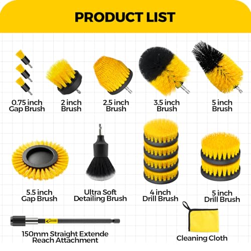 Holikme 20 Pack Drill Brush Attachments Set, Power Scrubber Brush with Extended Long Attachment, Ultra Soft Detailing Brush & Cleaning Cloth, All Purpose for Tile, Grout, Tub, Car Detailing