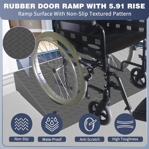 Rubber Threshold Ramp 5.91 Inch Rise, Wheelchair Rubber Door Ramp with Non-Slip Surface, Home Step Ramp with Channel for Wheelchairs/Cars/Scooters (2PCS, 2200LBs Loading) - size: 5.91IN-2PCS