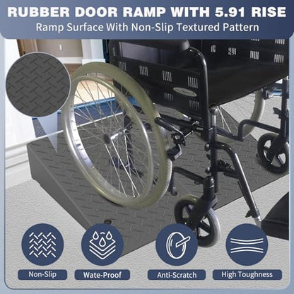 Rubber Threshold Ramp 5.91 Inch Rise, Wheelchair Rubber Door Ramp with Non-Slip Surface, Home Step Ramp with Channel for Wheelchairs/Cars/Scooters (2PCS, 2200LBs Loading) - size: 5.91IN-2PCS