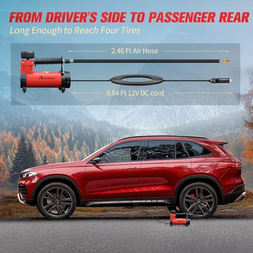 AVID POWER 12V DC Tire Inflator Portable Air Compressor, Compact Air Pump w/Copper Motor, Easy Operation 12V Tire Pump w/Carrying Case & 3 Adapters (Red)