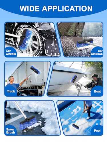 ZimiTeda PBT Car Wash Brush with Long Handle 10'' Larger Soft Bristle Brush Head Rubber Bumper for Vehicle Wheel RV SUV Boat Truck Solar Panel Deck Washing, 60'' 151cm