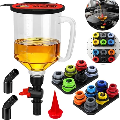 18-Pc Engine Oil Change Funnel Kit with 1.5L Spill-Proof Funnel | Reinforced Funnel with Shut-Off Valve 12 Adapters Magnetic Organizers Filter and Elbow Fittings Fits Toyota Ford BMW Audi