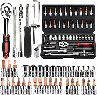 46 PCS Socket Wrench Set, Mechanic Tool Kit Quick-release Ratchet, 1/4" Drive Bit Metric Combination Tools for Auto Repairing & Household with Storage Case