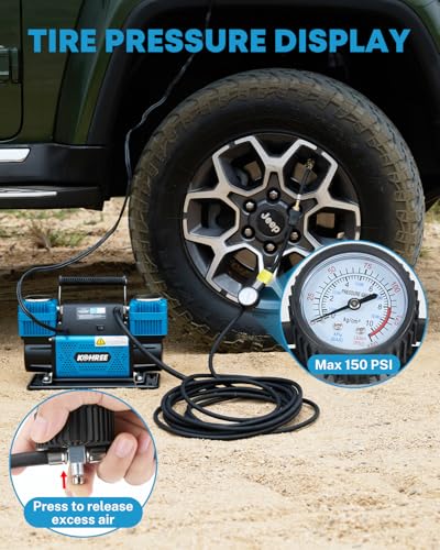 Kohree 12V Dual Cylinder Air Compressor, 12.35 ft³/Min Fast Tire Inflator, Portable Heavy Duty Tire Pump with Max 150 PSI for Offroad Truck, RV, 4x4 Vehicles - style: Basic-Dual Cylinder