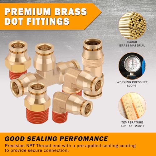 14 Pcs 3/8" Brass DOT Air Line Fittings Kit 1/4" 3/8" DOT Push Lock Air Fittings NPT Thread & Quick Connect Air Hose Fittings Kit - color: Gold-14PCS3/8"