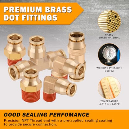 14 Pcs 3/8" Brass DOT Air Line Fittings Kit 1/4" 3/8" DOT Push Lock Air Fittings NPT Thread & Quick Connect Air Hose Fittings Kit - color: Gold-14PCS3/8"
