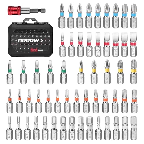 ARROW 59-Piece 1/4" Screwdriver Bit Set, S2 Steel Color-Coded Bits with Magnetic Bit Holder & Storage Case, Compatible with Power Drill, Screwdriver, and Mini Ratchet Wrench - style: 59 PCS Screwdriver Bit Set