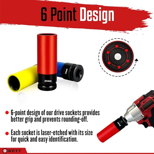 WETT 1/2-Inch Drive Lug Nut Socket Set, 5-Piece Wheel Protector Thin Wall Deep Impact Socket with Color-Coded Protective, (Metric 17mm, 19mm, 21mm & SAE 13/16" 7/8") CR-V Steel, 6 Point, Non-Marring - size: 5Pcs Metric & SAE