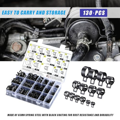 130Pcs 6-25mm Spring Hose Clamps Kit With Pliers, Black Small spring Clamp，Constant Tension Steel Clamps for Automotive Fuel Lines, Silicone Vacuum Hoses，Low-Pressure Air Clips - size: 130 pcs With Plier