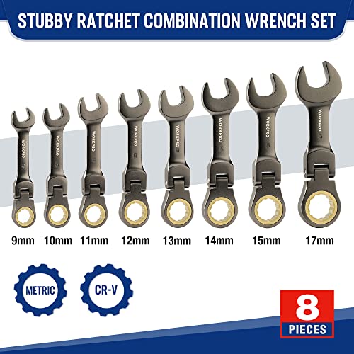 WORKPRO 8 Piece Flex Head Stubby Ratcheting Combination Wrench Set, Metric 9-17 mm, 72-Teeth, CRV, Nickel Plating with Rolling Pouch - size: Metric, style: Nickel-plated