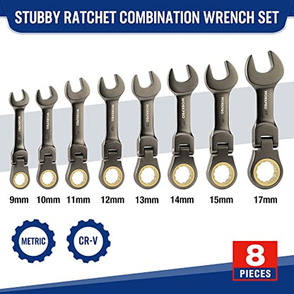 WORKPRO 8 Piece Flex Head Stubby Ratcheting Wrench Set, Metric 9-17mm | 72-tooth CR-V Wrenches with Nickel-plated Finish for Automotive, Garage and Home Repairs, Includes Rolling Pouch - size: Metric, style: Nickel-plated