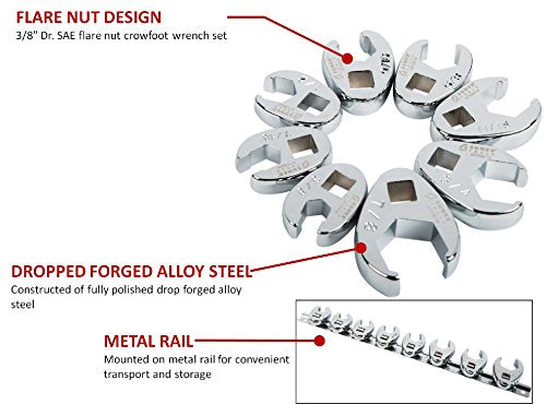 SUNEX 3/8-Inch Drive Crowfoot Flare Nut Wrench Set, SAE 3/8-Inch - 7/8-Inch & Metric Size 10 - Size 19, 18-Piece