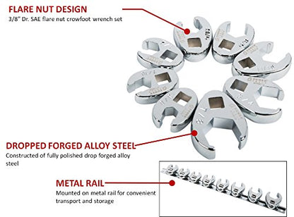 SUNEX 3/8-Inch Drive Crowfoot Flare Nut Wrench Set, SAE 3/8-Inch - 7/8-Inch & Metric Size 10 - Size 19, 18-Piece