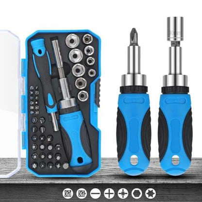 44-Piece Multifunctional Ratchet Screwdriver and Socket Tool Set with Precision Bits, Portable Case