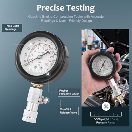 Engine Compression Tester Kit 8PCS, 0-300 PSI Cylinder Pressure Test Tool for Gasoline Engines on Cars, Motorcycles, ATVs & Small Engines with Dual Scale Gauge and Adapters (Red-8PC)