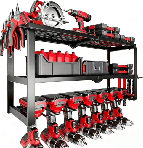 Power Tool Organizer Wall Mount, 150Lbs 3 Layer Metal Tool Storage Rack with 7 Cordless Drill Holder Heavy Duty, Battery Drills Storage Tool Organizer for Workshop,Garage,Tool Room,Pegboard - color: Without Charging Station, size: 3-Tiers,7 Slots