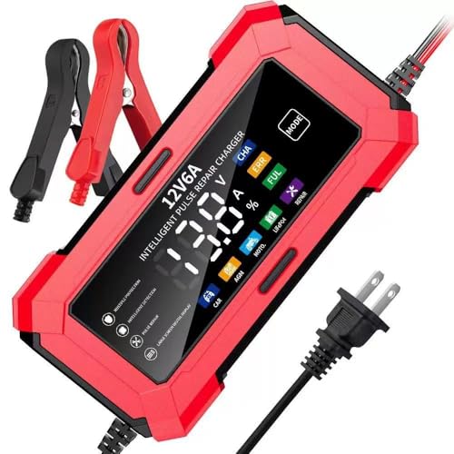 12V 6A Smart Battery Charger, Automatic Maintainer with Pulse Repair, Trickle Charger and Desulfator, Overcharge Protection, Temperature Compensation for Lead-Acid and Lithium Batteries