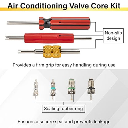 39 PCS Air Conditioning Valve Core Accessories Kit, R12 R134a Refrigeration Schrader Tire Valve Stem Cores with Single & Dual Heads Valve Core Remover Installer Tool, HVAC System Seal Caps Kit