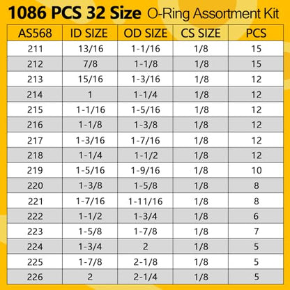 1086 PCS O-Rings Assortment Kit with 4 Pick & Hook Tools - 32 Sizes SAE Buna-N O Ring Set Compliant with AS568 Standards, Ensure Leak-Proof Seals for Hydraulic, Plumbing & Automotive Repairs - style: 1086 PCS O-Rings Kit