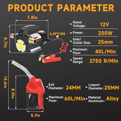 12V DC Diesel Fuel Transfer Pump Kit, Self-priming Electric Diesel Transfer Pump -10 GPM Flow, Fuel Transfer Extractor Pump Kit with Nozzle and Hose for Diesel, Kerosene, Motor Oil and Transformer Oil