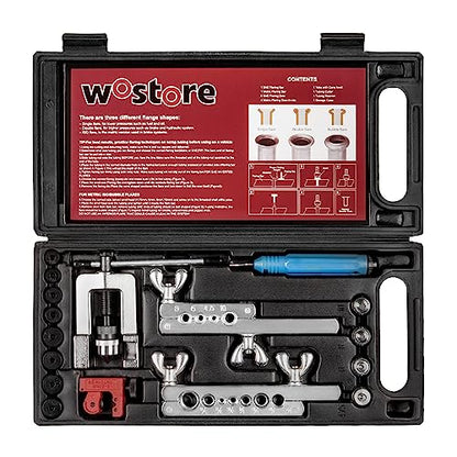 Wostore Professional Brake Line Flare Kit for Single, Double (SAE) Flares & Bubble (ISO) Flares with Tubing Cutter Pipe Reamer for 3/16-5/8" 7 Sizes - size: Flaring tool