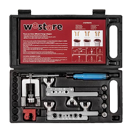 Wostore Brake Line Flare Kit, SAE Double & ISO Bubble, 7 Dies 3/16-5/8" | SAE double & ISO bubble flare tool with 7 dies (3/16-5/8"). Includes tubing cutter & pipe reamer. For brake line & fuel line. - size: Flaring tool