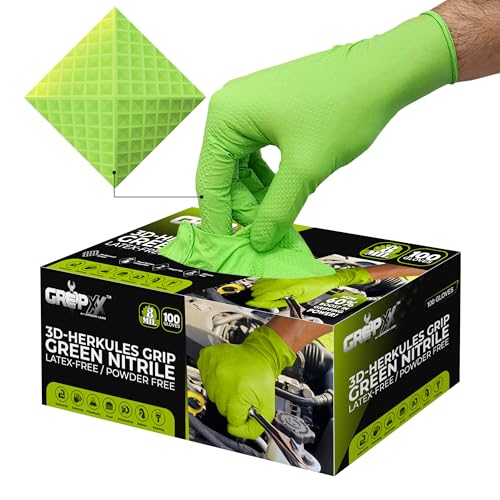 GRIPXX Herkules Grip Heavy Duty 8Mil Green Nitrile Gloves,3D Raised Diamond Texture-Latex & Powder Free-Industrial, Mechanic | Pack of (100 CT) - size: Medium, style: Green - 100 Count