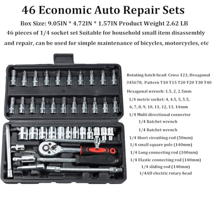 46 Pieces Mechanic Tool Kit,1/4” Dr. Socket Ratchet Wrench Set Bit Sockets Extension Bar,Metric Mechanical Tool Kit for Auto Repairing Household
