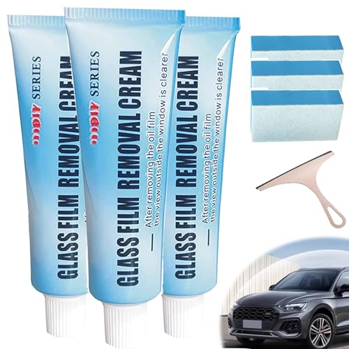 Car Glass Oil Film Cleaner, Glass Film Removal Cream, Car Windshield Oil Film Cleaner, Glass Stripper Water Spot Remover with Sponge and Towel (3 Set) - color: 3 Set