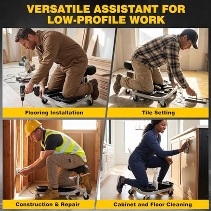 Rolling Knee Creeper with Rolling Knee Pads With Seat, 300 Pound Capacity | Heavy Duty Steel Tube Mechanic Creeper with 11 to 15 Inch Adjustable Seat Height, Tool Tray, and Rolling Knee Pads
