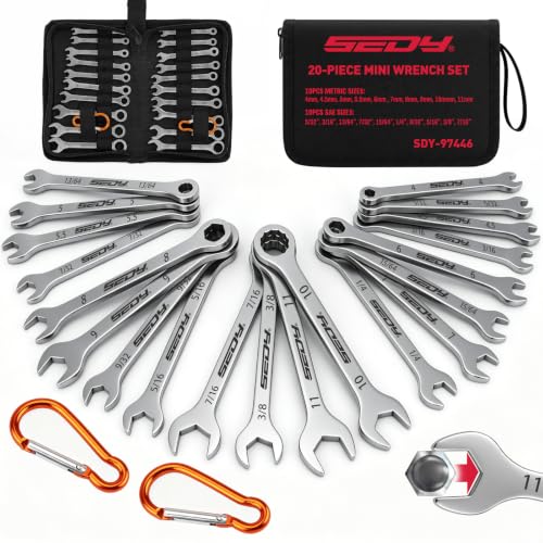 Premium Midget Wrench Set - 22-Piece Mini Combination Wrench Set Metric & SAE Ignition Wrench Sets 4-10mm & 5/32'' to 7/16'' Lightweight Small Carry Pouch