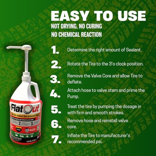 Flat Out Off Road Tire Sealant, Outdoor Power Equipment Formula with Valve Core Tool, Prevents Flat Tires, Fix a Flat Tire, Seals Leaks, Contains Kevlar, 1 Gallon - size: 1-Gallon (128 oz)