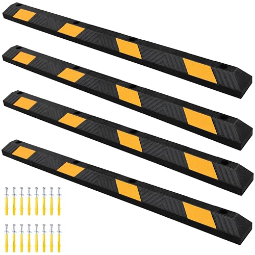 OrangeStar 72" Rubber Parking Curb 4 Pack, Heavy Duty Garage Floor Wheel Stopper with Yellow Reflective Stripes for Car, Truck, Trailer, Driveway, Parking Lot - size: 72in (4-Pack)