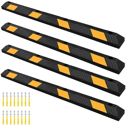 OrangeStar 72" Rubber Parking Curb 4 Pack, Heavy Duty Garage Floor Wheel Stopper with Yellow Reflective Stripes for Car, Truck, Trailer, Driveway, Parking Lot - size: 72in (4-Pack)