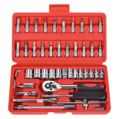 46PCS Socket Ratchet Wrench Set, 1/4 Inch Drive Small Tool Set with Screwdriver Bit Sockets Extension Bar and Storage Case, Metric Socket Set for Car Repair and Home Use - color: Red