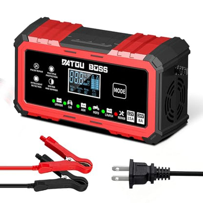 DATOUBOSS Battery Charger 15-Amp 12V/24V Smart Car Battery Charger, Trickle Charger & Maintainer with Pulse Repair, for Lead-Acid AGM LiFePO4 Lithium Batteries, for Car Truck Boat (12V 15A/24V 8A)