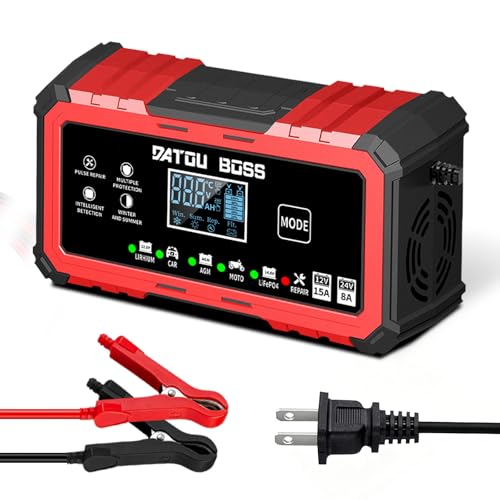 DATOUBOSS Battery Charger 15-Amp 12V/24V Smart Car Battery Charger, Trickle Charger & Maintainer with Pulse Repair, for Lead-Acid AGM LiFePO4 Lithium Batteries, for Car Truck Boat (12V 15A/24V 8A)