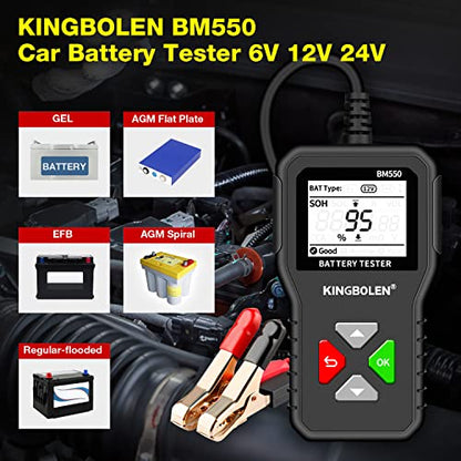 KINGBOLEN BM550 6V 12V 24V Car Battery Tester, 100-2000 CCA Voltage Tester 2Ah-220Ah Internal Resistance Tester Accurate Digital Auto Battery Analyzer for Cars Trucks SUV ATV Boats Motorcycles Vehicle | 100-2000 CCA BM550 Battery Tester, Accurate Digital