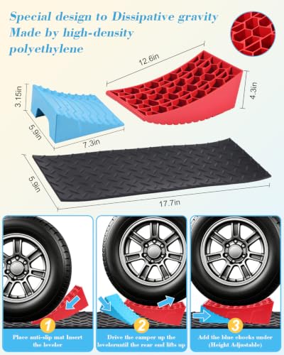 RV Leveling Blocks Kit, Heavy Duty Anti-Slip Mats & Carrying Bag, 2 Pack | Blue & Red. For travel trailer, motorhome, dual axle. HDPE, support 45000 lbs. Levels ½" - 4" in 5 min. - color: Blue & Red